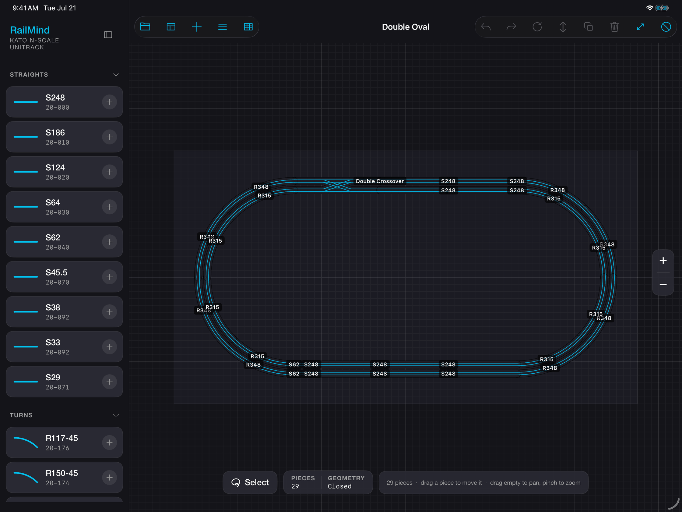 The RailMind editor running on iPad: a finished Double Oval plan of 29 Kato Unitrack pieces, two concentric mainlines joined by a double crossover, every section labeled with its part geometry — R315, R348, S248, S62 — the Kato catalog palette down the left edge, and the status bar reading 29 pieces, geometry Closed.
