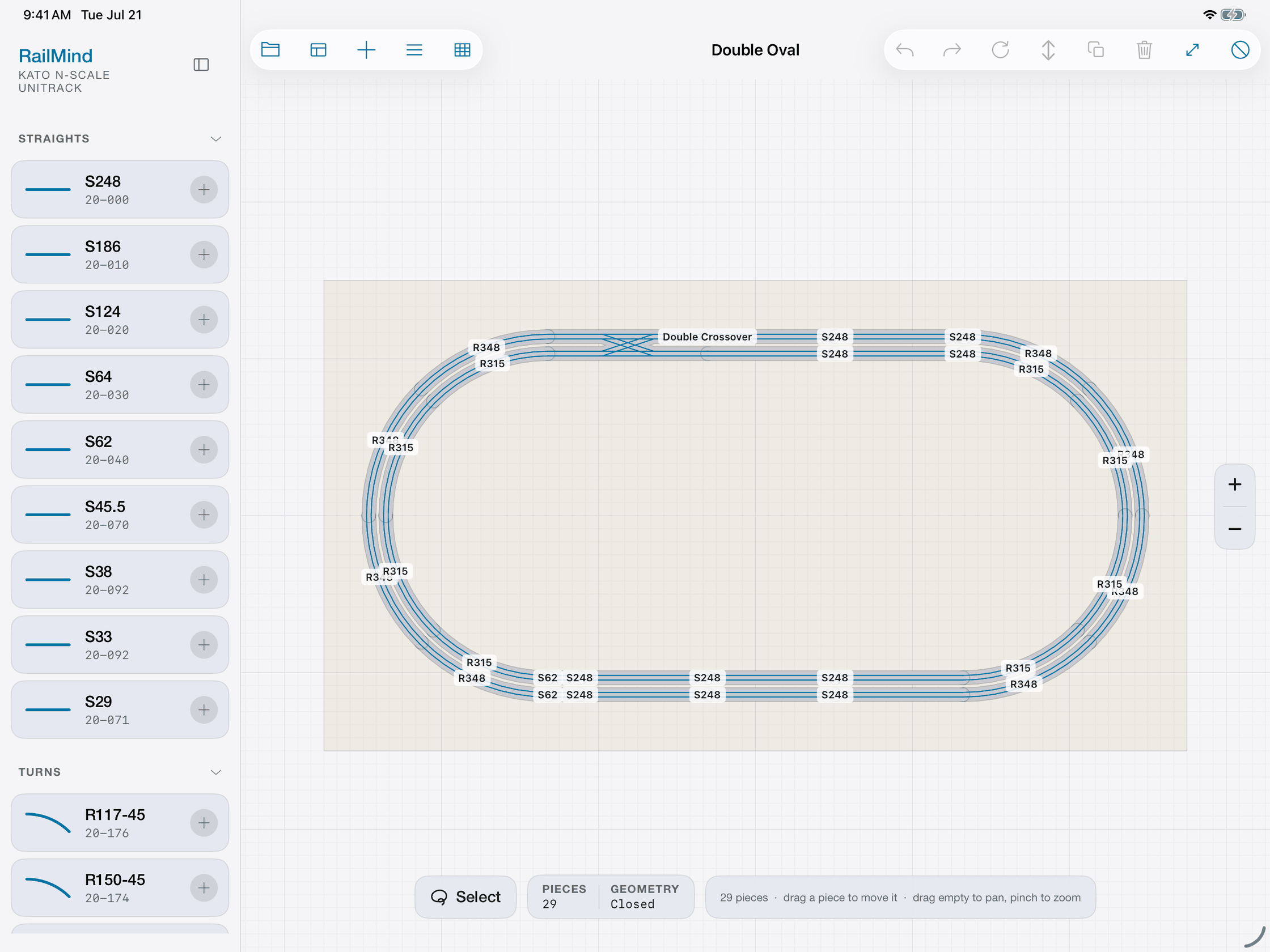 The RailMind editor running on iPad: a finished Double Oval plan of 29 Kato Unitrack pieces, two concentric mainlines joined by a double crossover, every section labeled with its part geometry — R315, R348, S248, S62 — the Kato catalog palette down the left edge, and the status bar reading 29 pieces, geometry Closed.