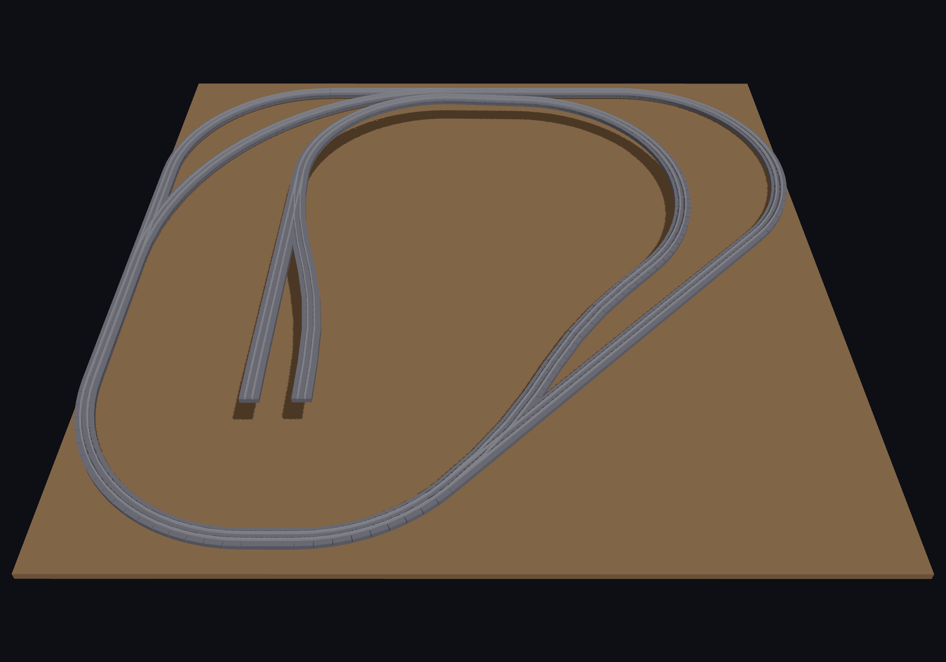 RailMind’s 3D view: the Corner Central layout in three dimensions, its branch and two parking-spur tracks climbing a smooth grade above the flat main line.