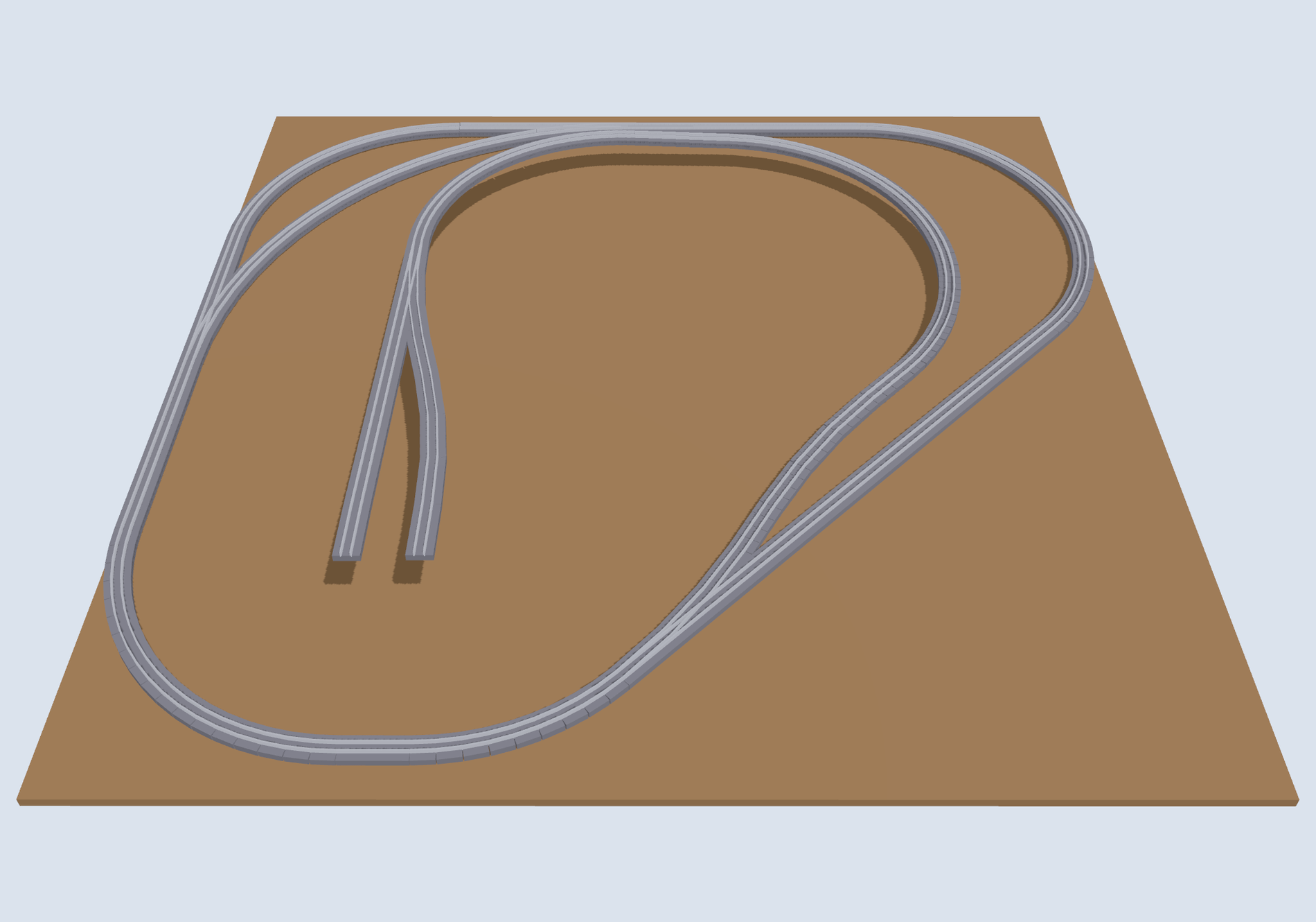 RailMind’s 3D view: the Corner Central layout in three dimensions, its branch and two parking-spur tracks climbing a smooth grade above the flat main line.