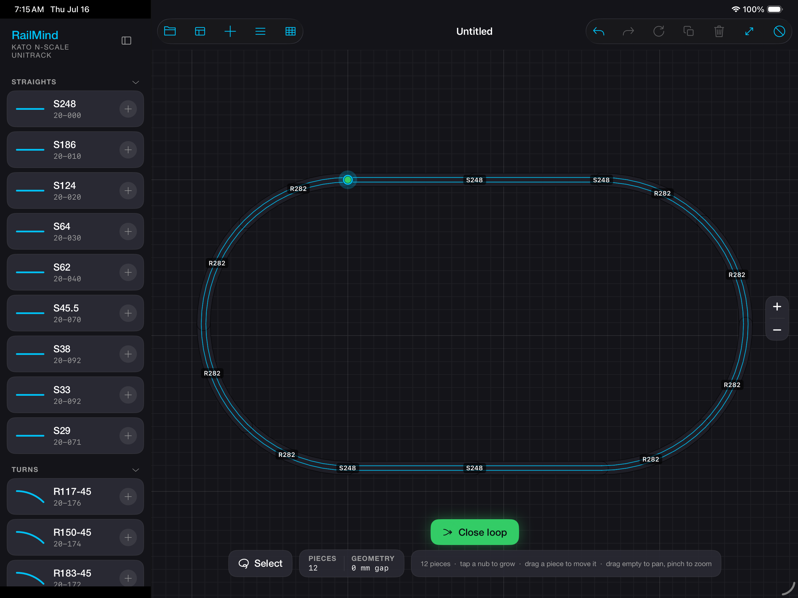 The RailMind editor on iPad: a Kato Unitrack oval on a dark canvas with R282 and S248 part labels, the piece palette at left, and a green Close loop button.