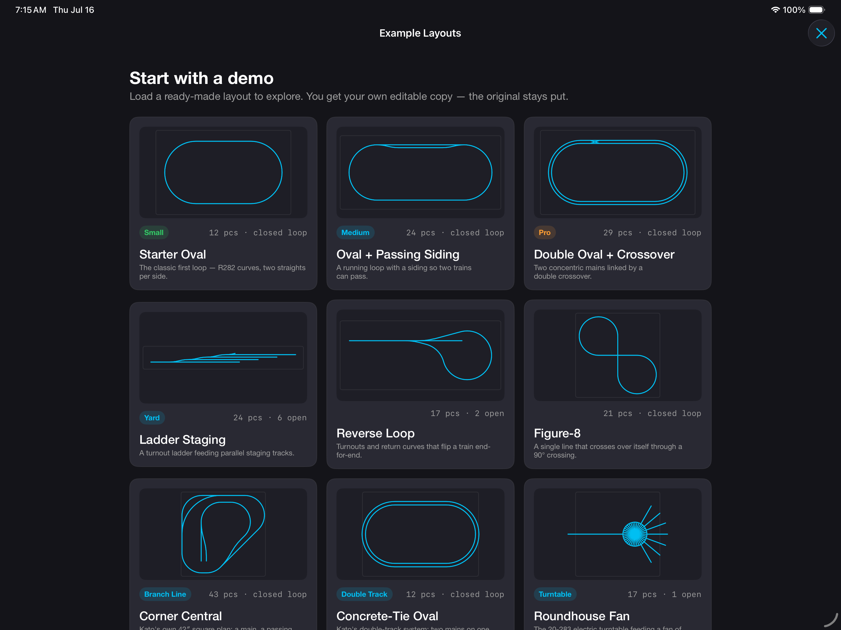 RailMind's Example Layouts gallery showing twelve authored layouts as true-topology thumbnails with piece counts.