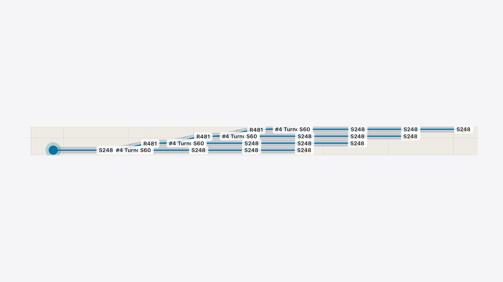 Ladder Staging: a turnout ladder at 15° fanning out into parallel staging tracks, each open end ringed in amber.